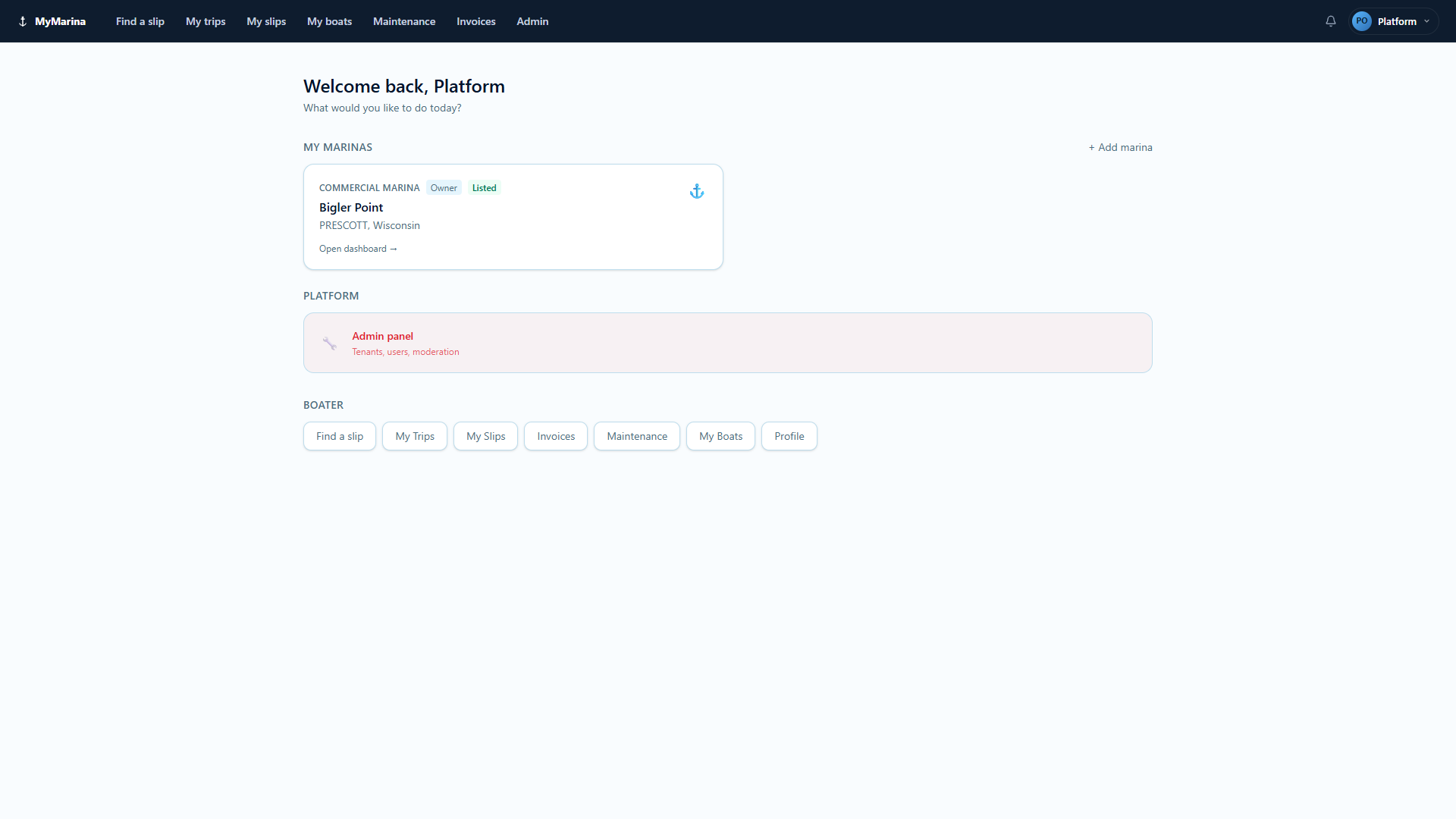 Customer self-service portal showing slip details, boats, and upcoming bookings